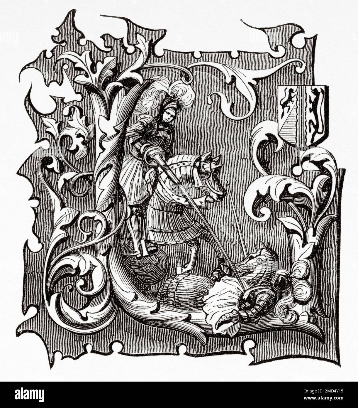 Middle ages initial capital letter L depicting a fight on horseback between knights. The Arts of the Middle Ages and at the Period of the Renaissance by Paul Lacroix, 1874 Stock Photo