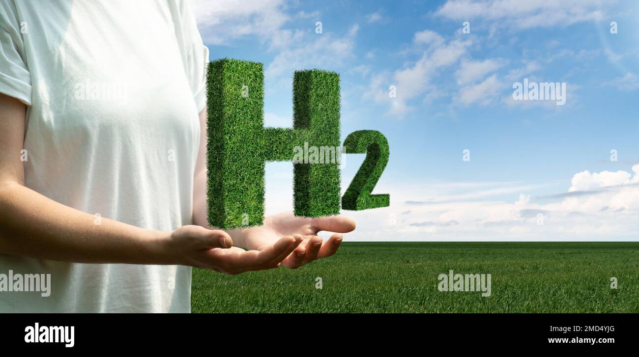 Woman holding a formula of Hydrogen H2 from grass. Stock Photo