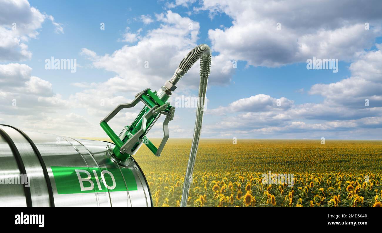 Biofuel filling station on a background of sunflower field Stock Photo