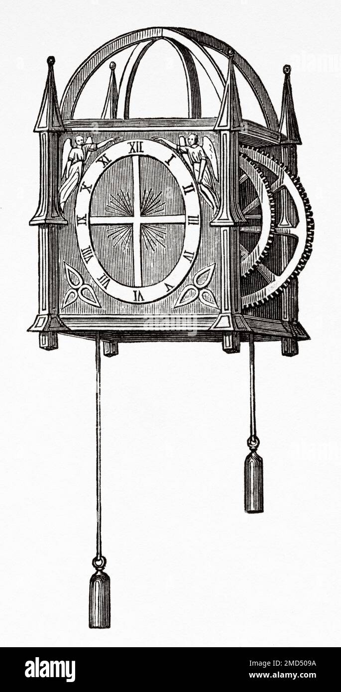 15th century clock with wheels and weights. The Arts of the Middle Ages