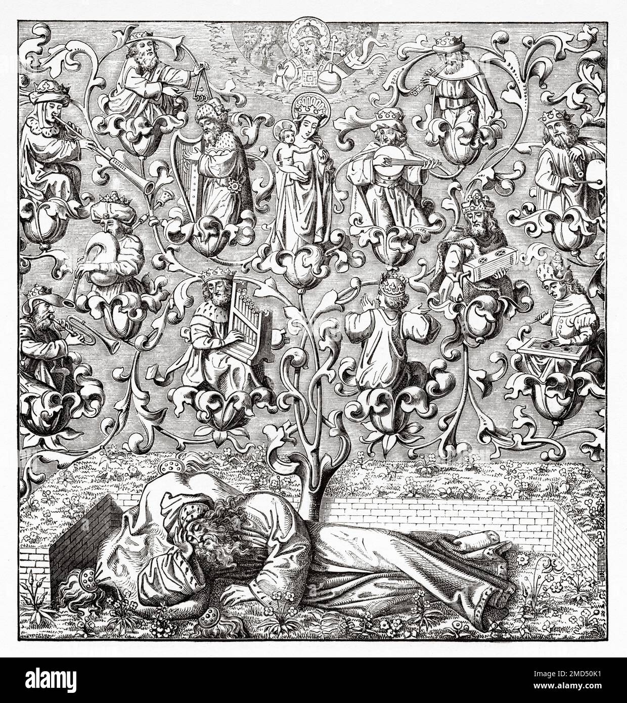 The Tree of Jesse is a depiction in art of the ancestors of Jesus Christ, shown in a branching tree which rises from Jesse of Bethlehem, the father of King David. It is the original use of the family tree as a schematic representation of a genealogy. The Arts of the Middle Ages and at the Period of the Renaissance by Paul Lacroix, 1874 Stock Photo