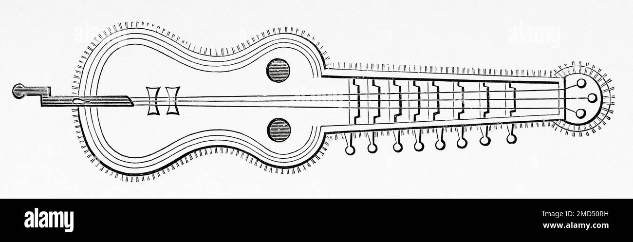 The organistrum is an early form of hurdy-gurdy. Ancestor of all subsequent hurdy-gurdies, was played by two individuals one turned the crank while the other pulled the keys upward to change the musical pitch of the melody strings, 9th century. The Arts of the Middle Ages and at the Period of the Renaissance by Paul Lacroix, 1874 Stock Photo