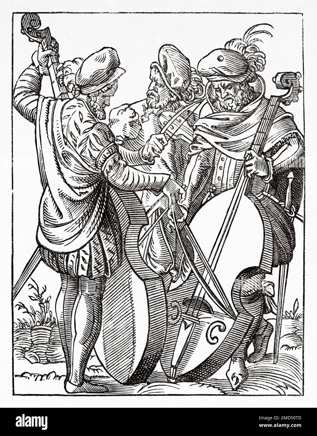 German musicians playing on stringed instruments of the violin family