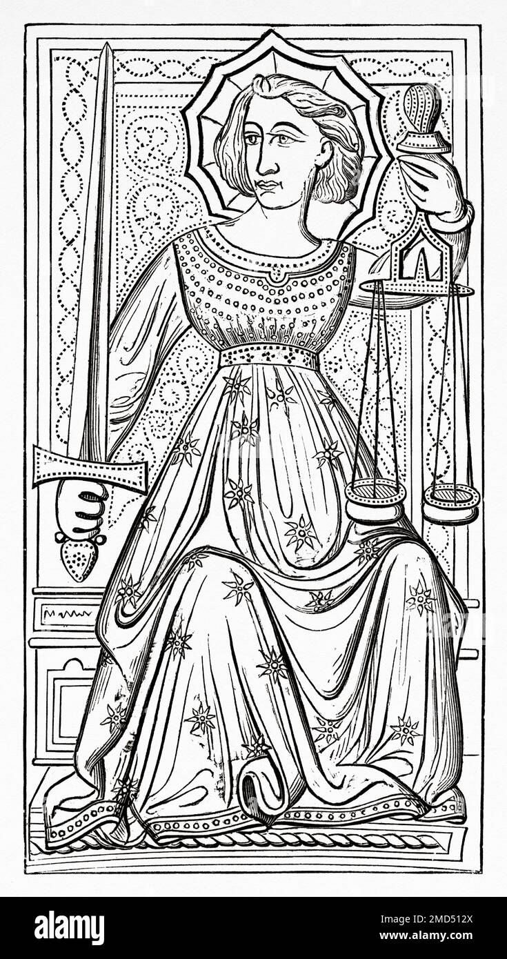 Justice. Tarot card from the Charles VI or Gringonneur deck, 14th century. The Arts of the Middle Ages and at the Period of the Renaissance by Paul Lacroix, 1874 Stock Photo