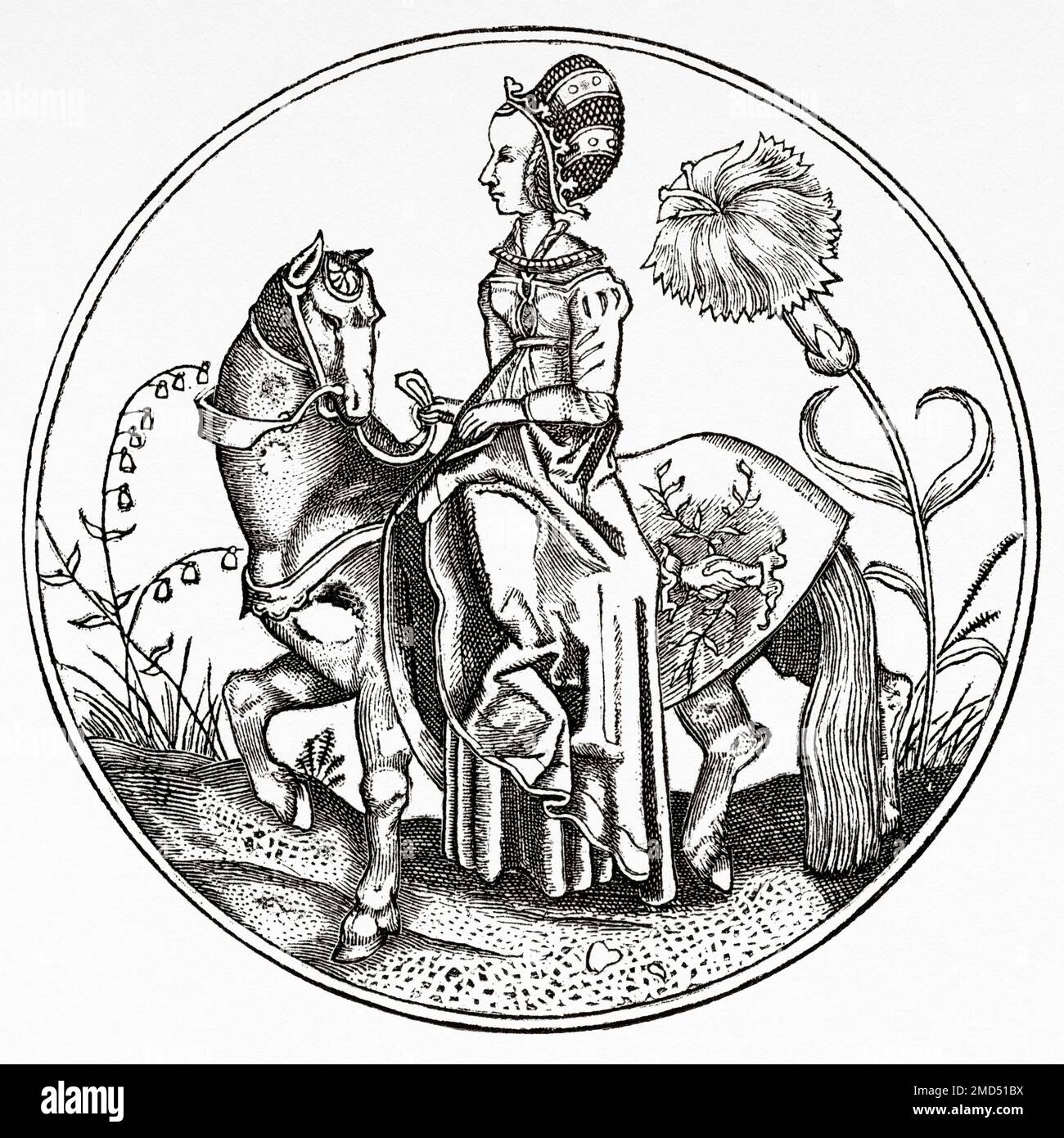 Lady of Carnation. German card game from the end of the 15th century. The Arts of the Middle Ages and at the Period of the Renaissance by Paul Lacroix, 1874 Stock Photo