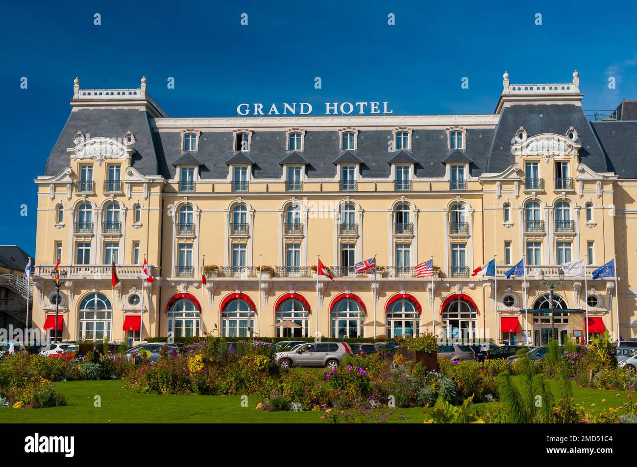 France, Calvados (14), Cabourg, Grand Hotel in front of the casino gardens, luxury hotel dating from the Belle Epoque and which was frequented regular Stock Photo