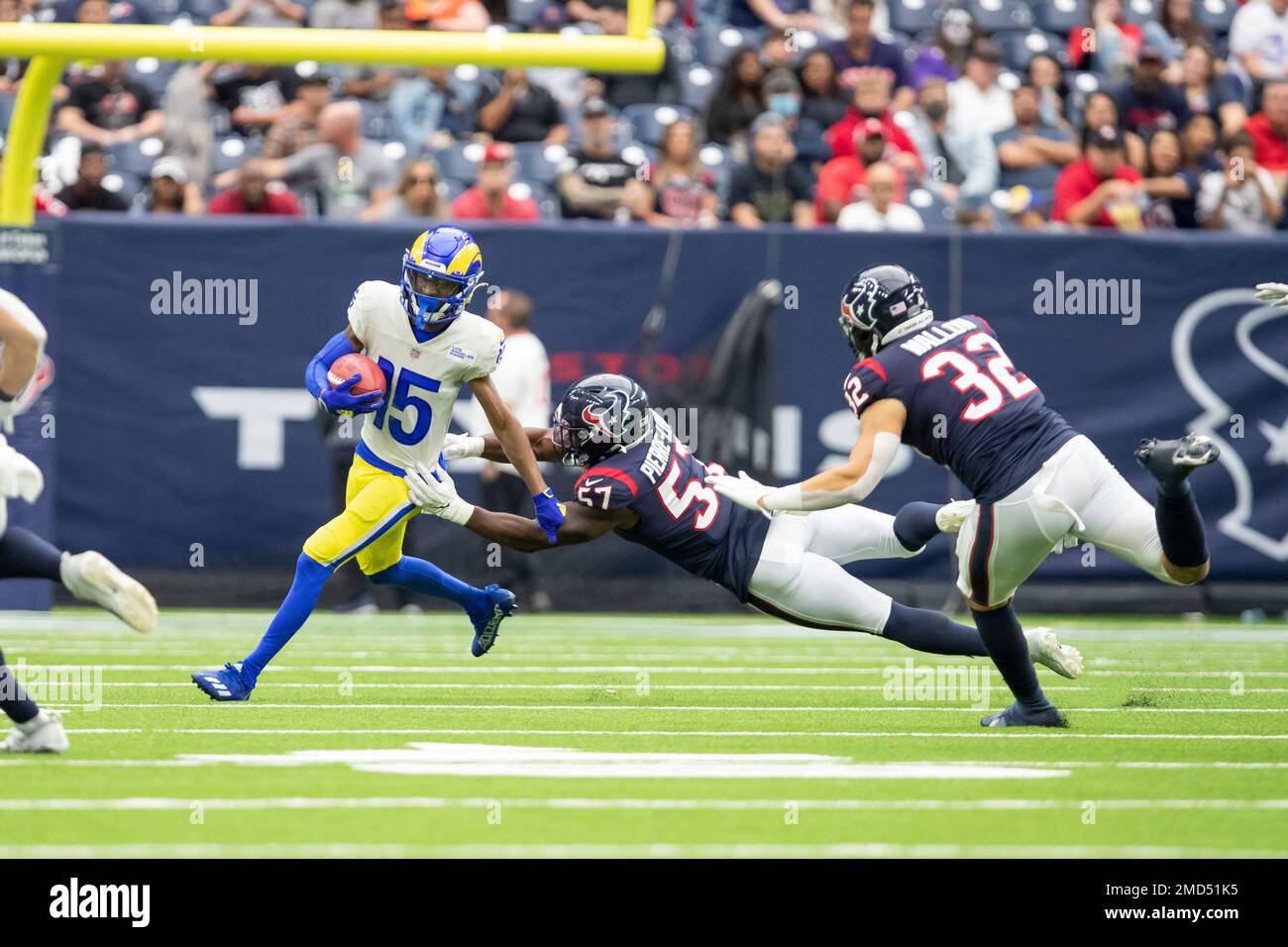 Los Angeles Rams wide receiver Tutu Atwell (15) makes a catch against  Dallas Cowboys cornerback Trevon Diggs (7) during a NFL game, Sunday,  October 9, 2022, at SoFi Stadium, in Inglewood, CA.