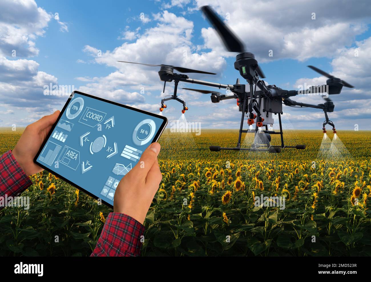 Farmer controls drone sprayer with a tablet. Smart farming and precision agriculture Stock Photo