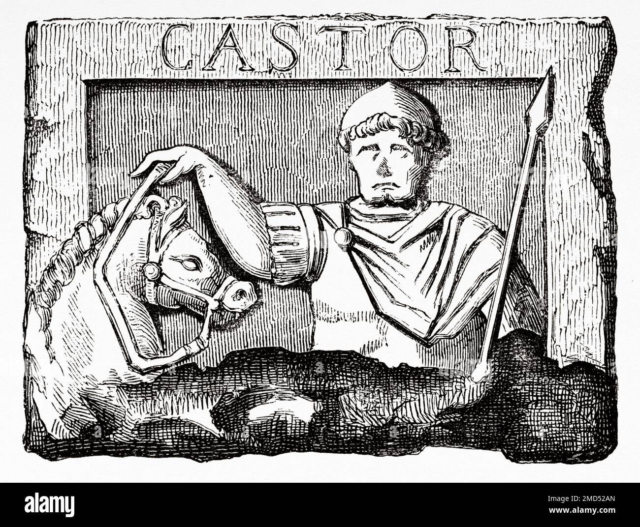 Castor with a horse. Pillar of the Boatman Gallo-Roman sculpture discovered in 1711 in Notre Dame de Paris, France. The Arts of the Middle Ages and at the Period of the Renaissance by Paul Lacroix, 1874 Stock Photo