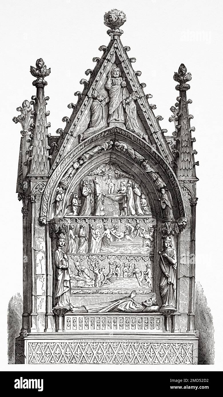 Tomb of Dagobert I, executed by order of Saint Louis in the abbey church of Saint-Denis, Paris. France. The Arts of the Middle Ages and at the Period of the Renaissance by Paul Lacroix, 1874 Stock Photo