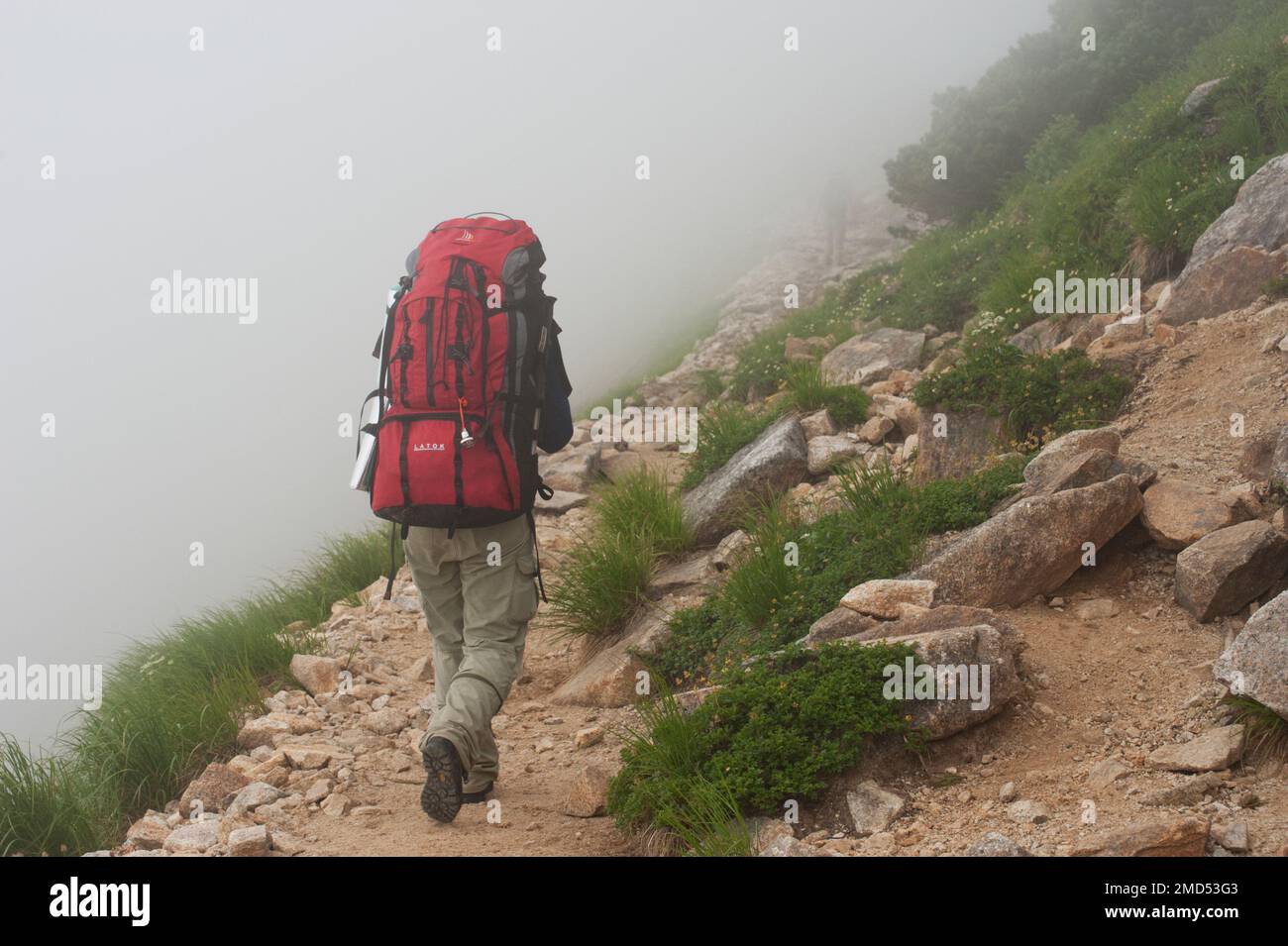 A hiker ascends a mountain path under the heavy weight of her backpack, with mist obscuring the mountainside near Mt Goryu, Nagano, japan. Stock Photo