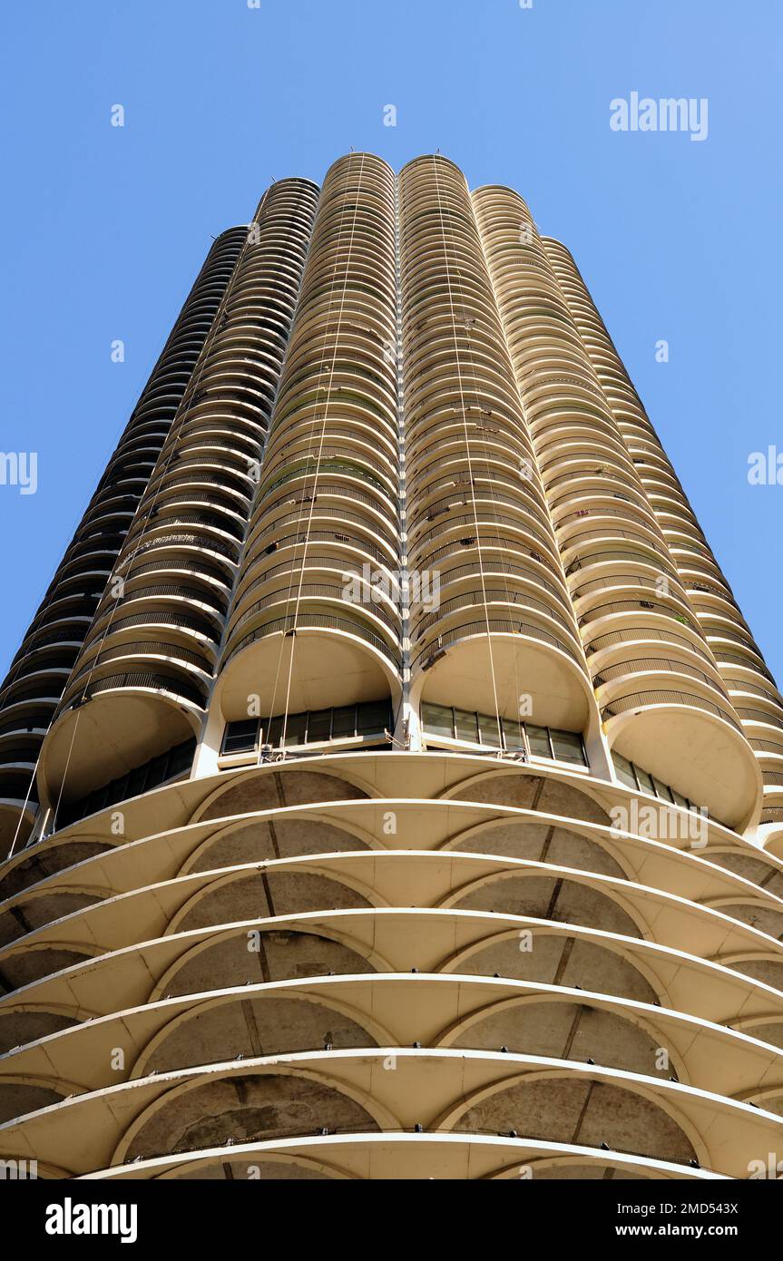 Chicago, Illinois, USA. A study in shapes and contours is one of the Marina City towers. The twin towers were completed in 1967. Stock Photo