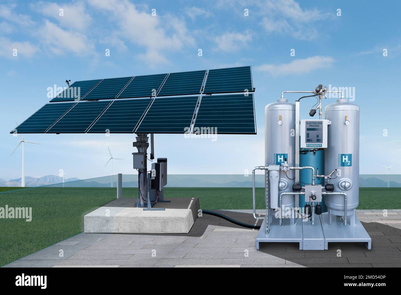 Hydrogen production from renewable energy sources. Green hydrogen concept Stock Photo