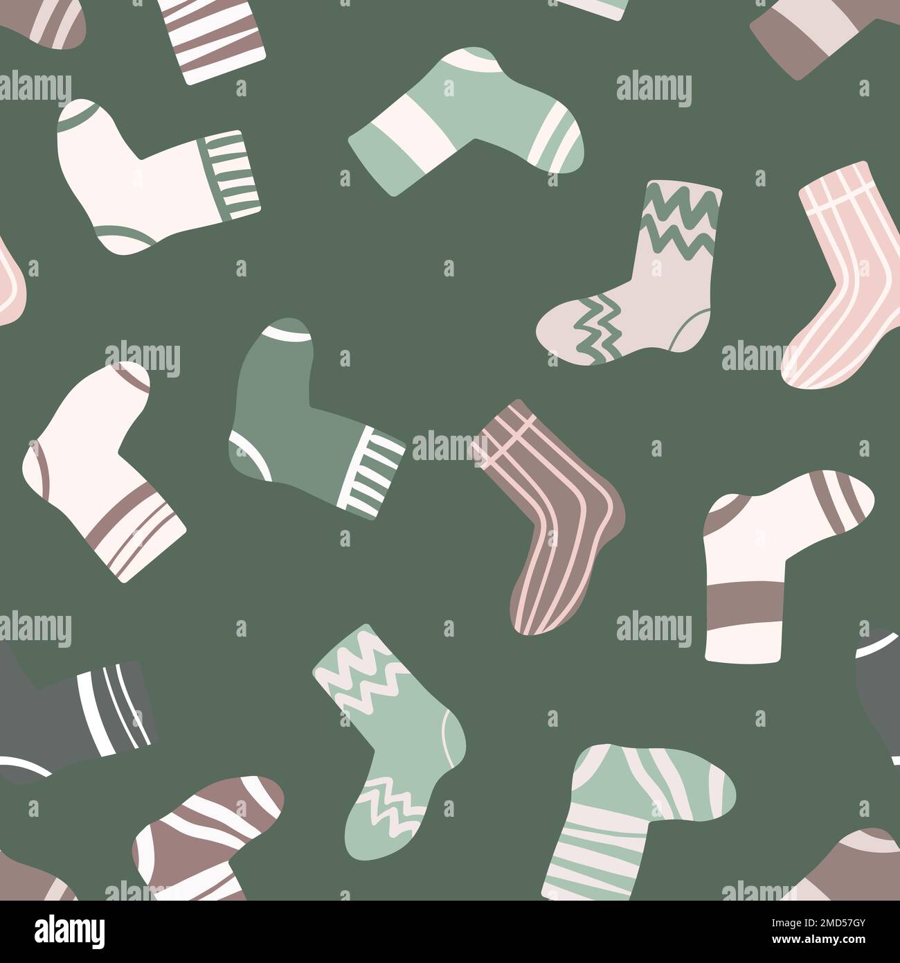 Seamless pattern with modern colorful socks. Trendy accessories in doodle style. Various cotton foot cloth. Cartoon socks for web and print, for Stock Vector