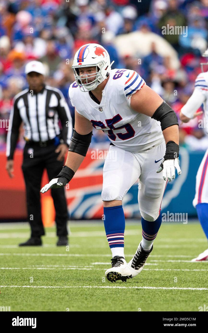 Buffalo Bills guard Ike Boettger (65) walks off the field