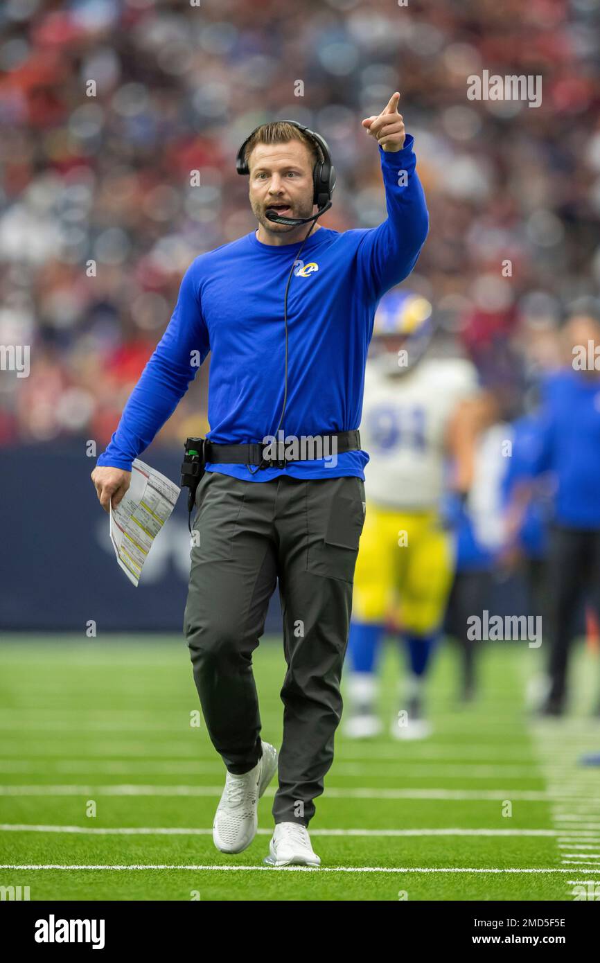 Head coach Sean McVay of the Los Angeles Rams coaches against the Houston Texans in an NFL