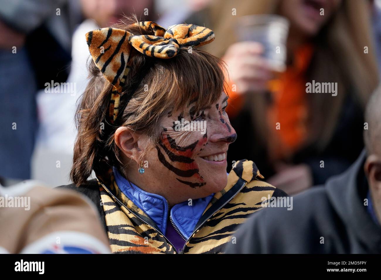 Fans dressed for Halloween watch warm ups prior to an NFL football game  between the Chicago Bears and San Francisco 49ers, Sunday, Oct. 31, 2021,  in Chicago. (AP Photo/Kamil Krzaczynski Stock Photo 