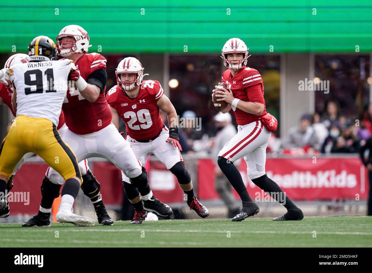 Wisconsin quarterback Graham Mertz (5) during the first half of an NCAA