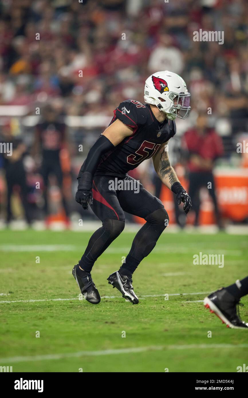 Linebacker (51) Tanner Vallejo of the Arizona Cardinals against the Green  Bay Packers in an NFL football game, Thursday, Oct. 28, 2021, in Glendale,  Ariz. The Packers won 24-21. (AP Photo/Jeff Lewis