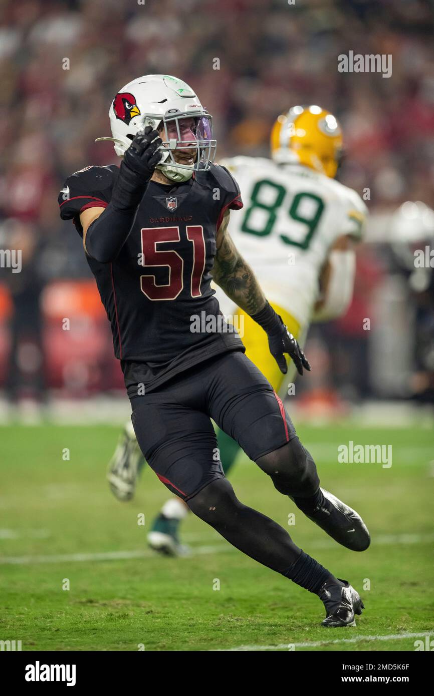 Linebacker (51) Tanner Vallejo of the Arizona Cardinals against the Green  Bay Packers in an NFL football game, Thursday, Oct. 28, 2021, in Glendale,  Ariz. The Packers won 24-21. (AP Photo/Jeff Lewis