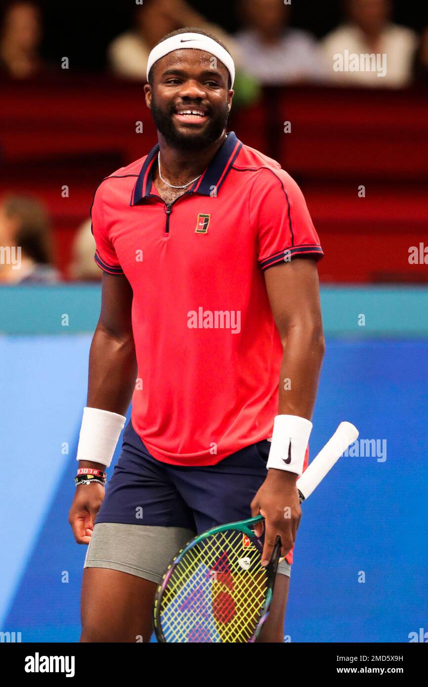 Frances Tiafoe of the United States returns the ball to Jannik Sinner of  Italy during their semi final match at the Erste Bank Open ATP tennis  tournament in Vienna, Austria, Saturday, Oct.