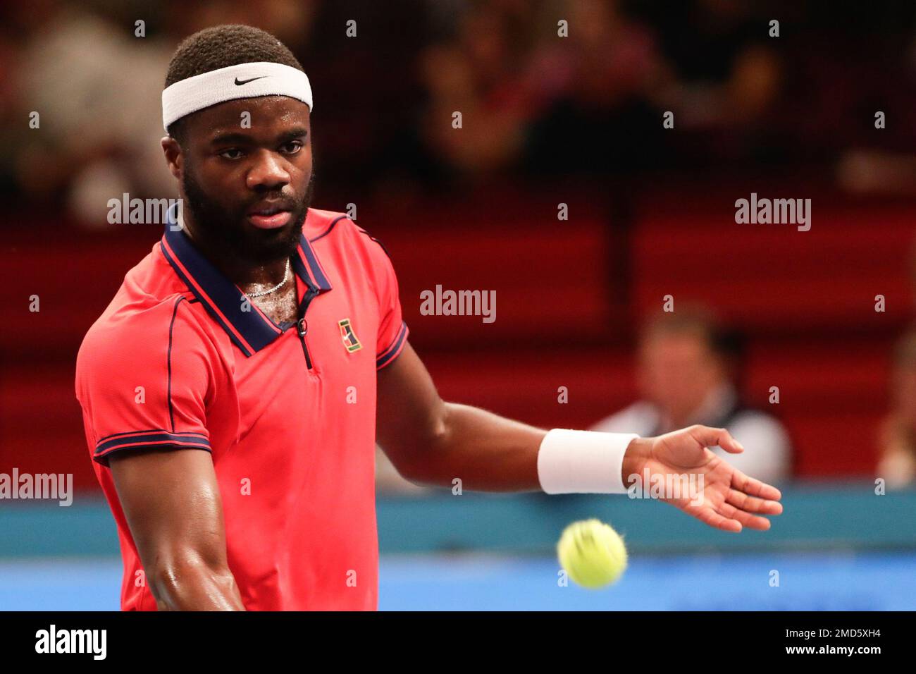 Frances Tiafoe of the United States returns the ball to Jannik Sinner of Italy during their semi final match at the Erste Bank Open ATP tennis tournament in Vienna, Austria, Saturday, Oct.