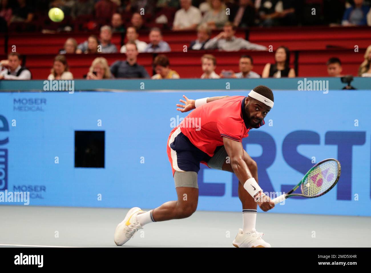Frances Tiafoe of the United States returns the ball to Jannik Sinner of Italy during their semi final match at the Erste Bank Open ATP tennis tournament in Vienna, Austria, Saturday, Oct.