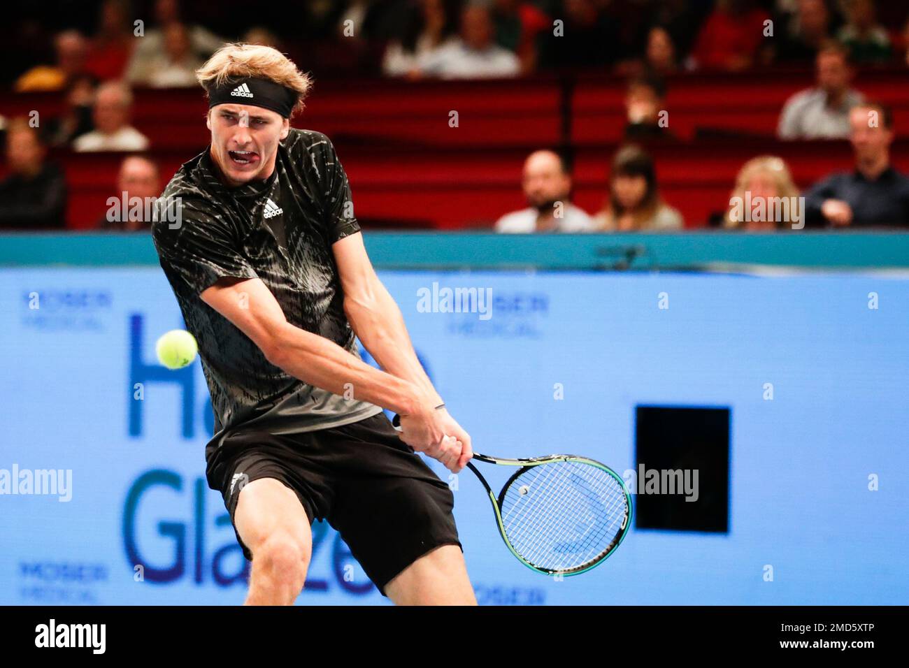 Alexander Zverev of Germany returns the ball to Carlos Alcaraz of Spain  during their semi final match at the Erste Bank Open ATP tennis tournament  in Vienna, Austria, Saturday, Oct. 30, 2021. (