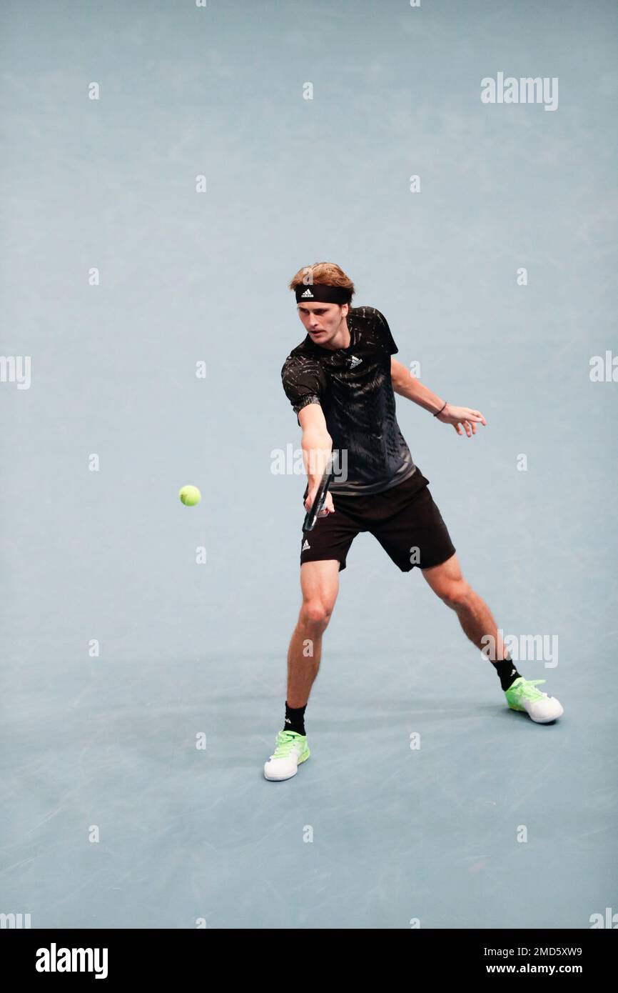 Alexander Zverev of Germany returns the ball to Carlos Alcaraz of Spain  during their semi final match at the Erste Bank Open ATP tennis tournament  in Vienna, Austria, Saturday, Oct. 30, 2021. (