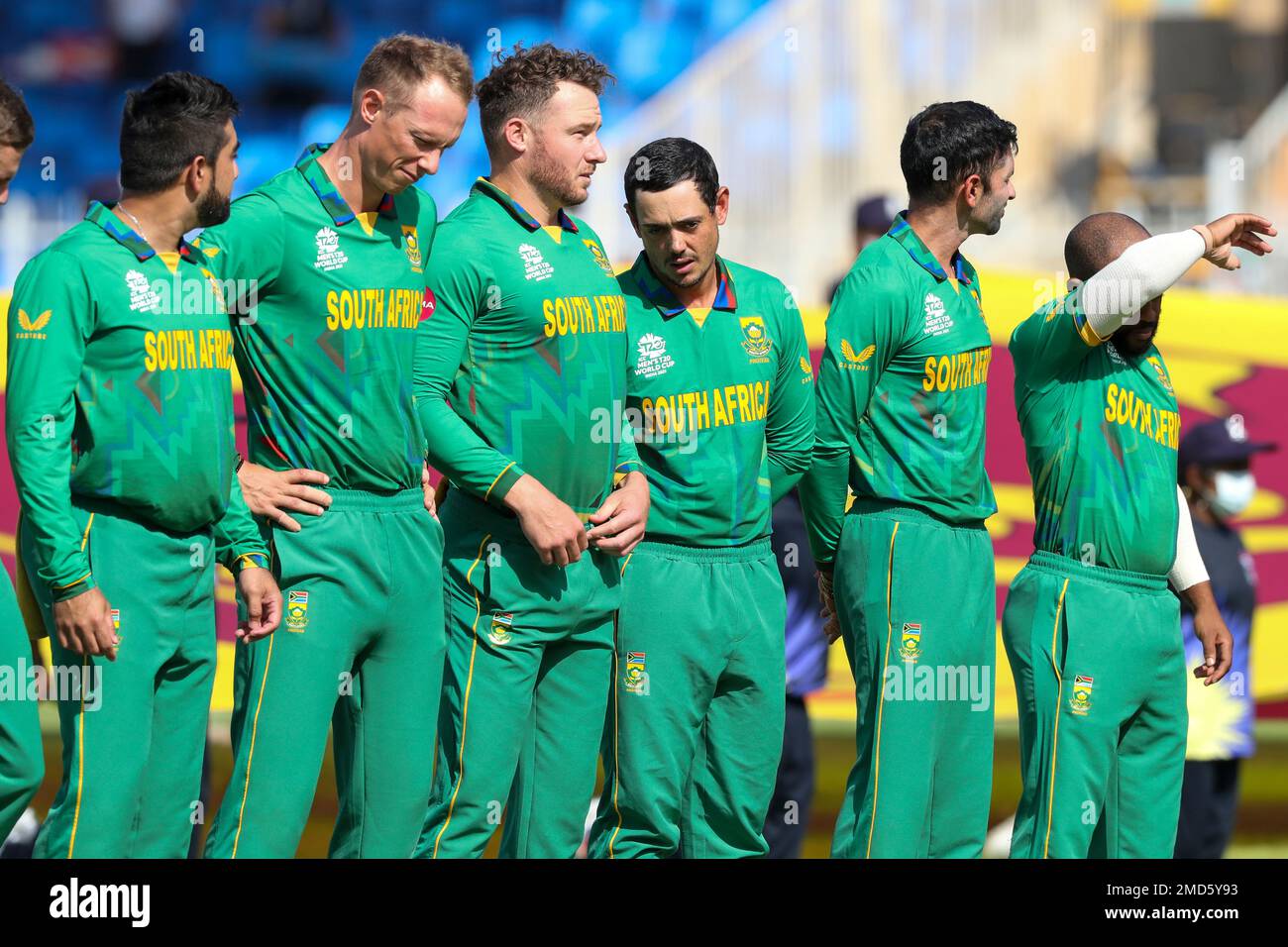 South Africa's Quinton de Kock, third right, stands with teammates