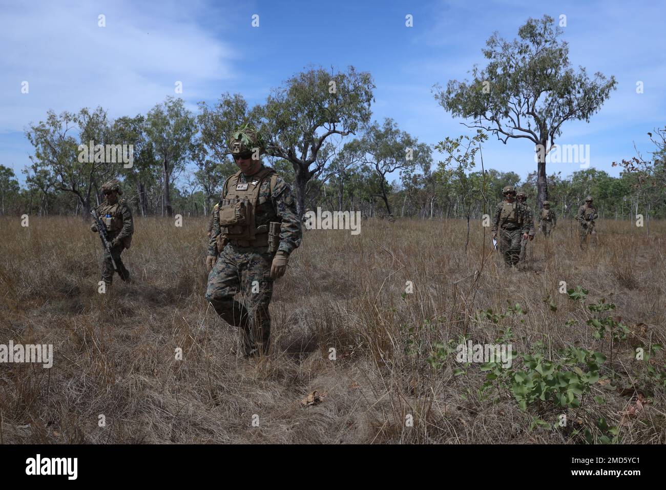 U.S. Marines with Lima Co., 3d Battalion, 7th Marine Regiment, Ground Combat Element, Marine Rotational Force-Darwin 22, patrol towards an objective during company attacks as part of exercise Koolendong 22 at Mount Bundey Training Area, NT, Australia, July 13, 2022. Exercise Koolendong 22 is a combined and joint force exercise focused on expeditionary advanced base operations conducted by U.S. Marines, U.S. Soldiers, U.S. Airmen, and Australian Defence Force personnel. Stock Photo