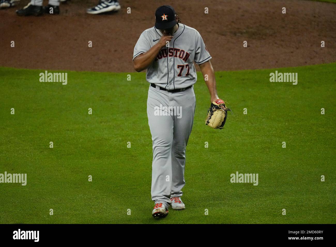 Houston Astros starting pitcher Luis Garcia leaves the game during the