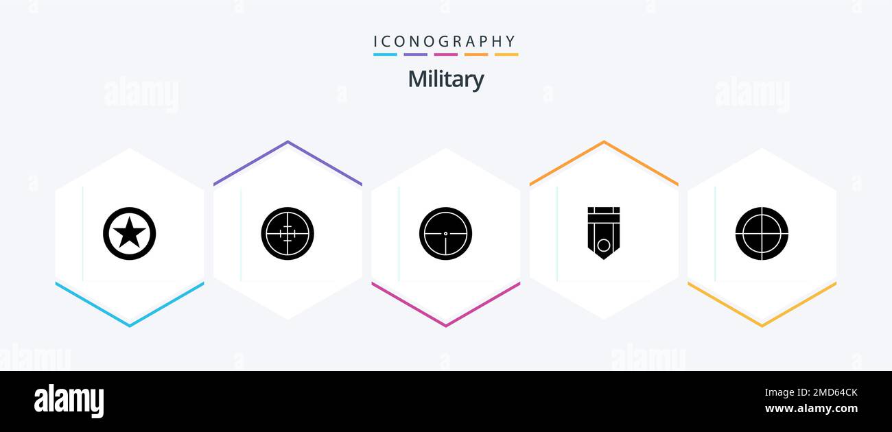 Military 25 Glyph icon pack including military. bulls eye. soldier. stripe. one Stock Vector