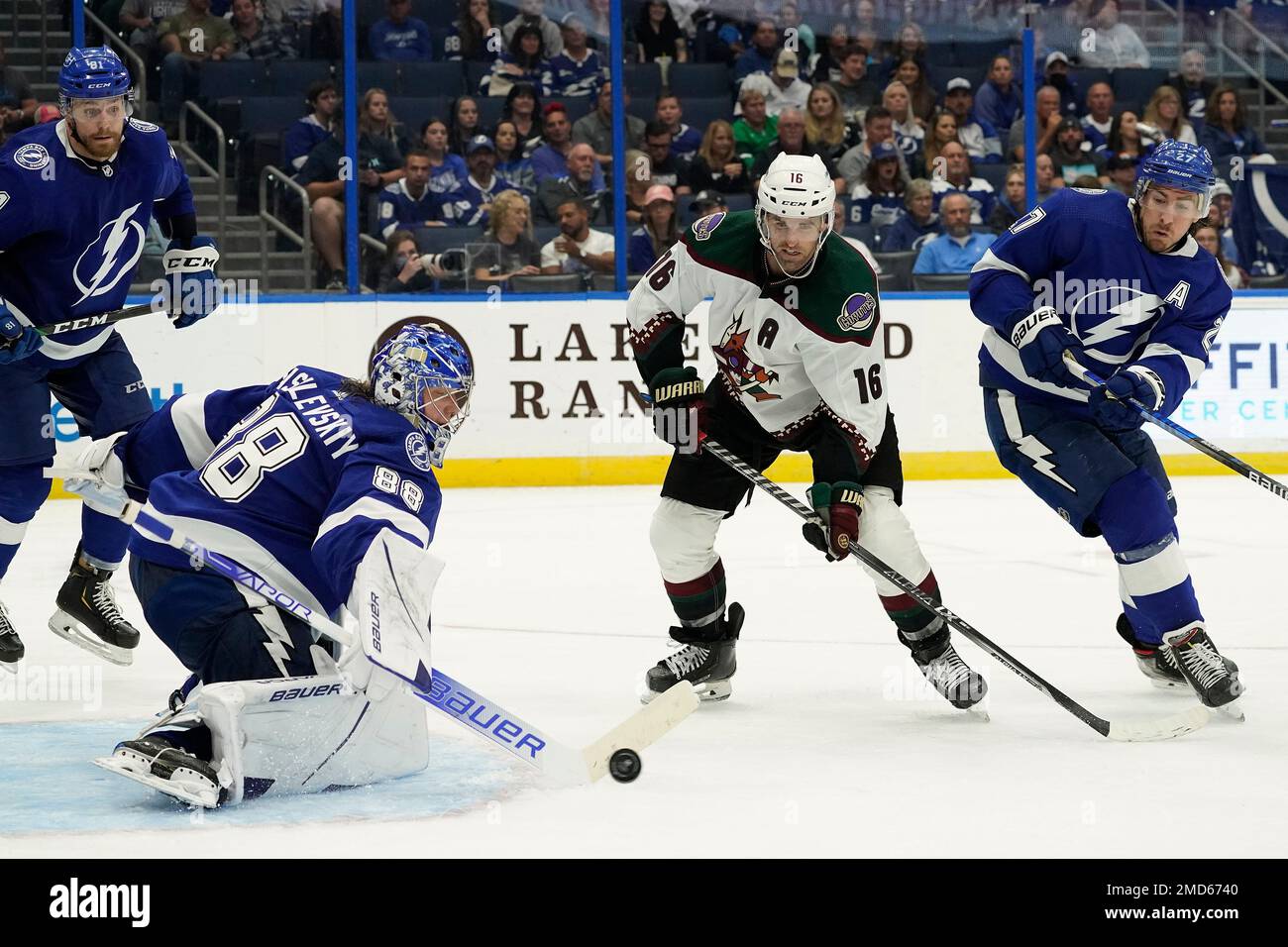 Tampa Bay Lightning goaltender Andrei Vasilevskiy (88)makes a save on a