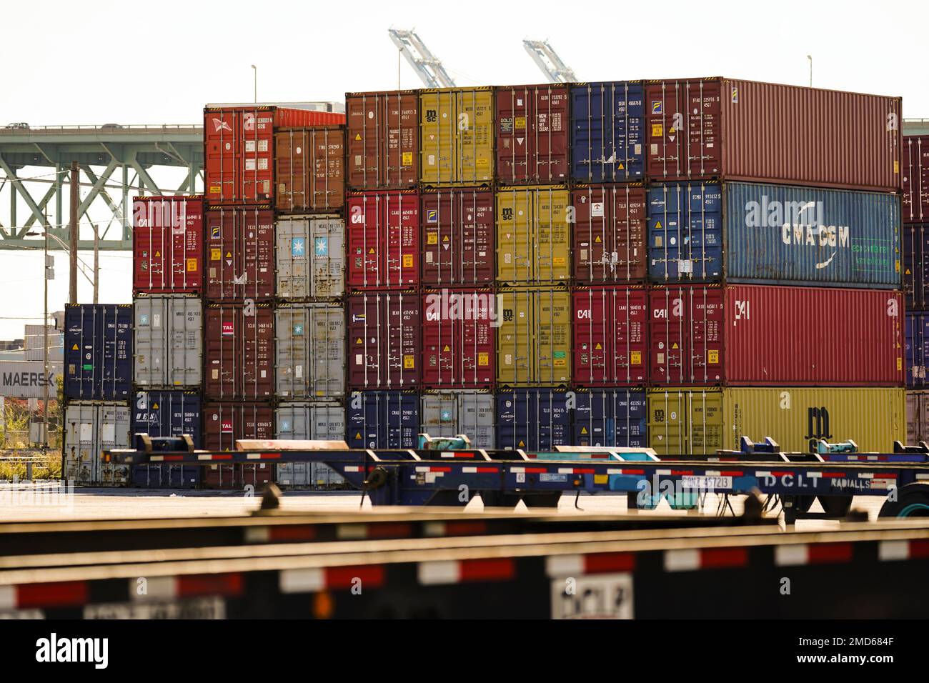 Shipping containers are stacked at Port of Philadelphia, Thursday, Oct