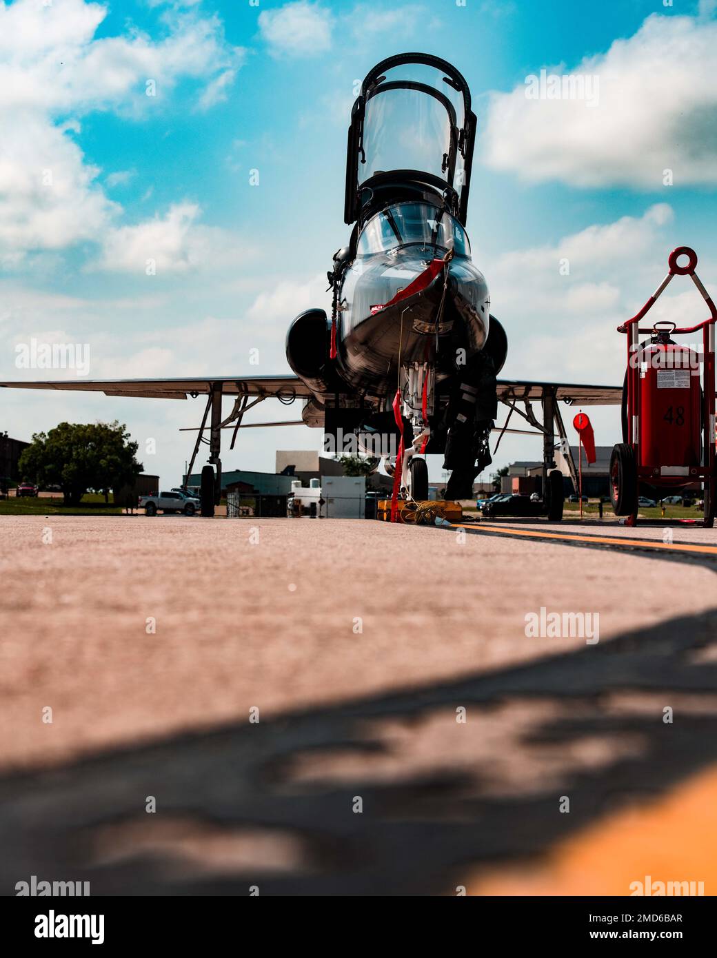 80th Flying Training Wing Airmen from Sheppard Air Force Base landed their T-38 Talon at Minot Air Force Base to refuel before taking off again to fly to an airshow in Canada on July 14, 2022, at Minot AFB, North Dakota. The 80 FTW is the world's only internationally manned and managed pilot training program, with the Euro-NATO Joint Jet Pilot Training Program delivering more than 7,500 trained combat pilots to NATO allies in its 37 years of existence. Stock Photo