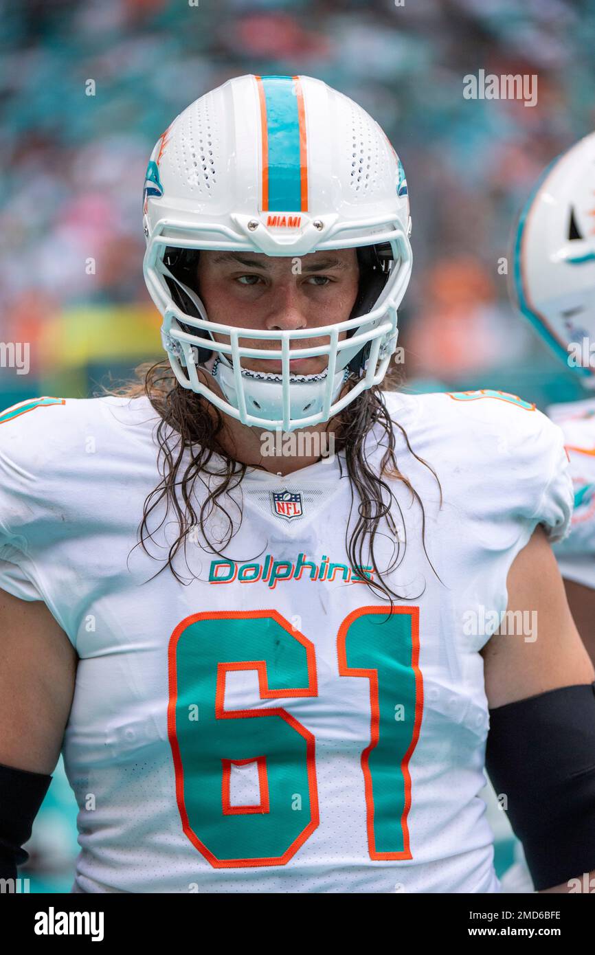 Miami Dolphins center Austin Reiter (61) on the sidelines during an NFL  football game against the Atlanta Falcons, Sunday Oct 24, 2021, in Miami  Gardens, Fla. (AP Photo/Doug Murray Stock Photo - Alamy