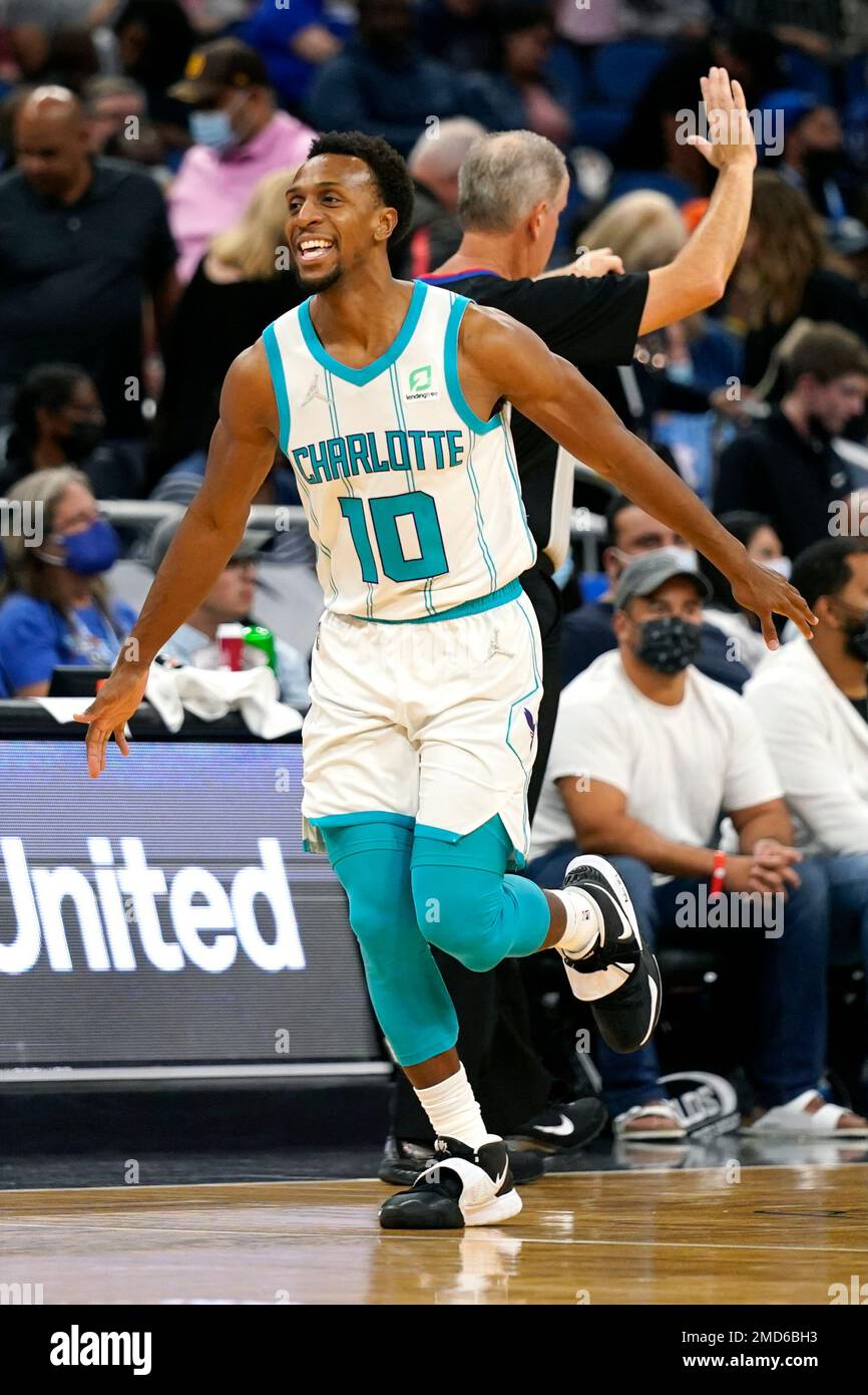 Charlotte Hornets' Ish Smith (10) celebrates after making a big shot late  in the second half of an NBA basketball game against the Orlando Magic,  Wednesday, Oct. 27, 2021, in Orlando, Fla. (