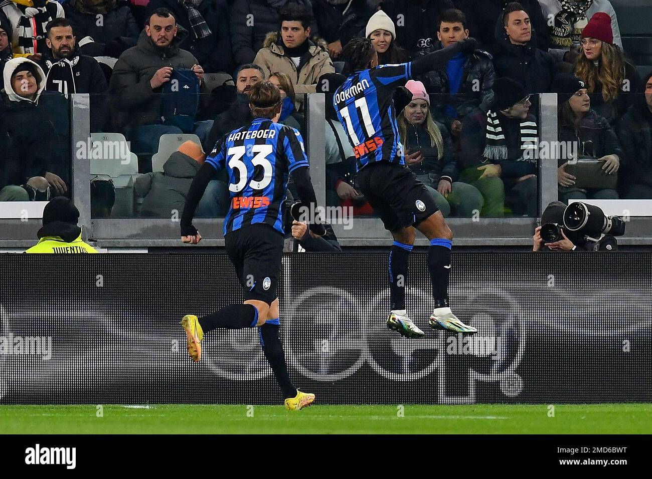 Torino, Italy. 22nd Jan, 2023. Ademola Lookman of Atalanta BC celebrates after scoring the goal of 0-1 during the Serie A football match between Juventus FC and Atalanta BC at Juventus stadium in Torino (Italy), January 22th, 2022. Photo Giuliano Marchisciano/Insidefoto Credit: Insidefoto di andrea staccioli/Alamy Live News Stock Photo