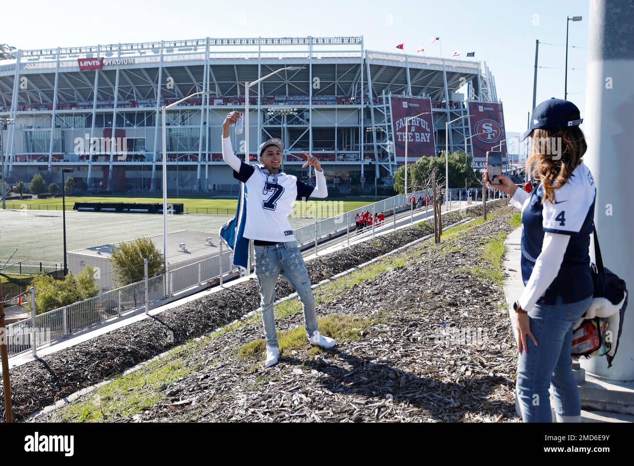 Fans arrive at Levi's Stadium before an NFL divisional round playoff  football game between the San Francisco 49ers and the Dallas Cowboys in  Santa Clara, Calif., Sunday, Jan. 22, 2023. (AP Photo/Josie