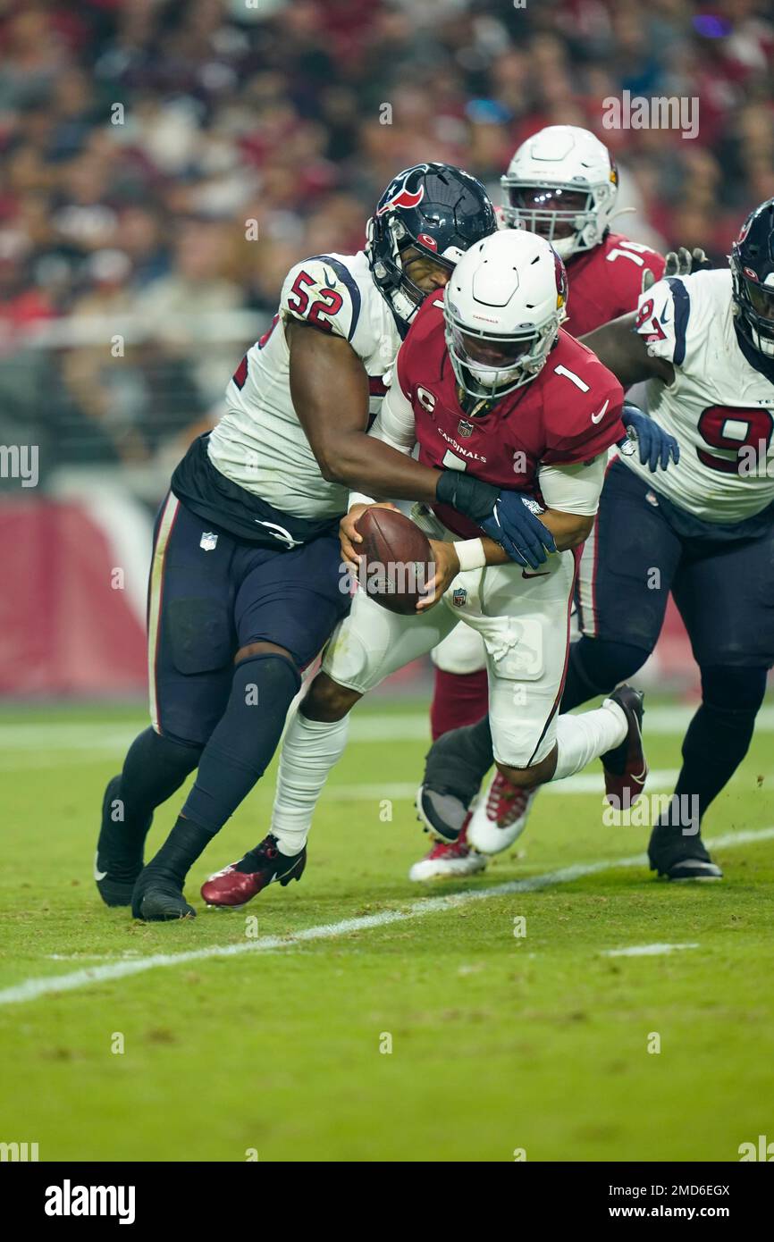 Houston Texans defensive lineman Jonathan Greenard (52) walks on the  sidelines during an NFL football game against the Miami Dolphins, Sunday  Nov. 7, 2021, in Miami Gardens, Fla. (AP Photo/Doug Murray Stock