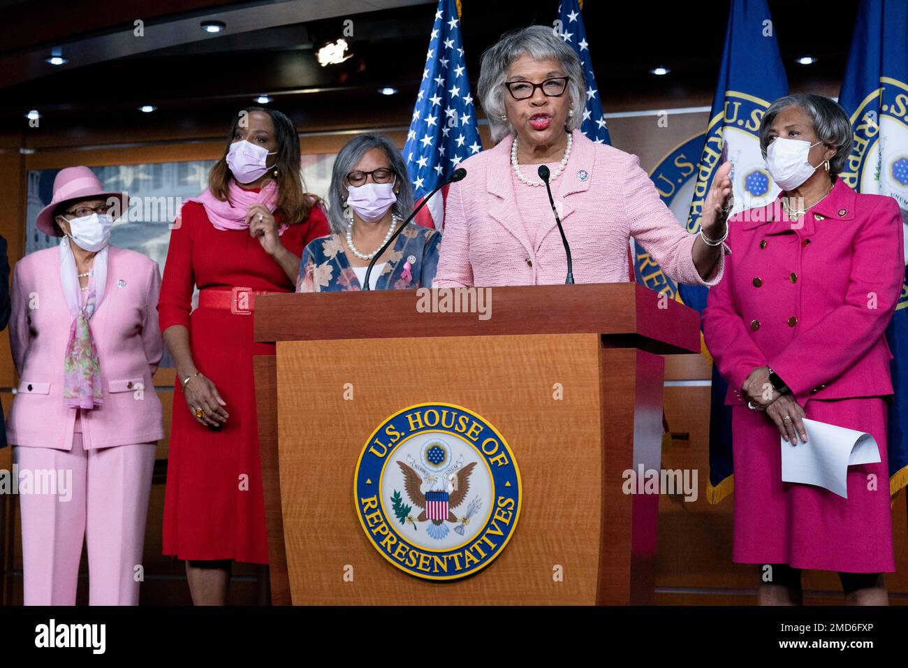 Rep. Joyce Beatty, D-Ohio, Chairwoman of the Congressional Black Caucus, accompanied by other caucus members, speaks during a news conference, on the inclusion of Black policy priorities in the "Build Back Better" agenda and the bipartisan infrastructure bill, on Capitol Hill in Washington, Wednesday, Oct. 27, 2021. (AP Photo/Jose Luis Magana) Stock Photo
