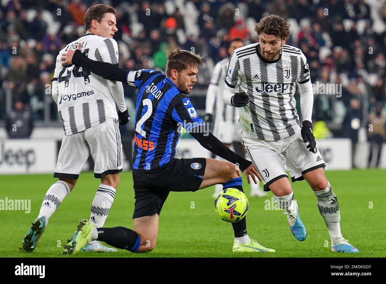 Torino, Italy. 22nd Jan, 2023. Nicolo Fagioli of Juventus FC, Rafael Toloi of Atalanta BC and Manuel Locatelli of Juventus FC compete for the ball during the Serie A football match between Juventus FC and Atalanta BC at Juventus stadium in Torino (Italy), January 22th, 2022. Photo Giuliano Marchisciano/Insidefoto Credit: Insidefoto di andrea staccioli/Alamy Live News Stock Photo