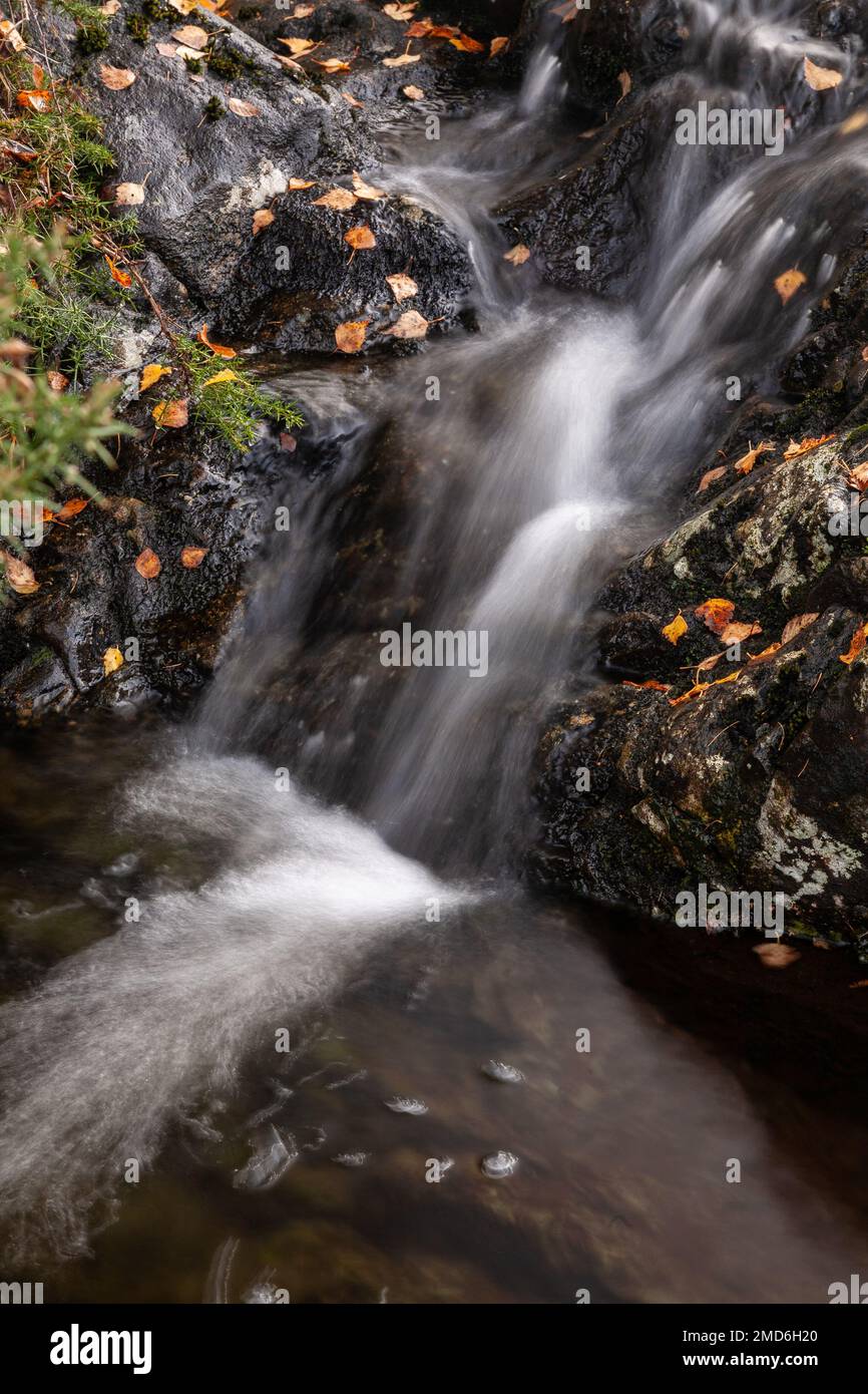 Small waterfall with colouful autumnal leaves Stock Photo