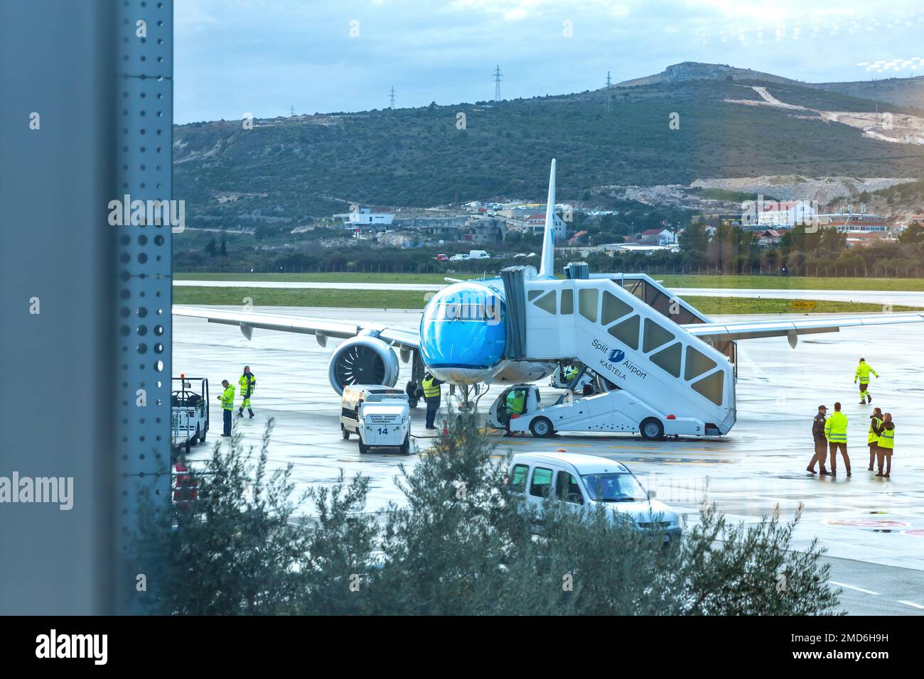 KLM airplane waiting for passengers in Split airport. Aircraft maintenance at the airport. Airport services. International airport in Kaštel Štafilić. Stock Photo
