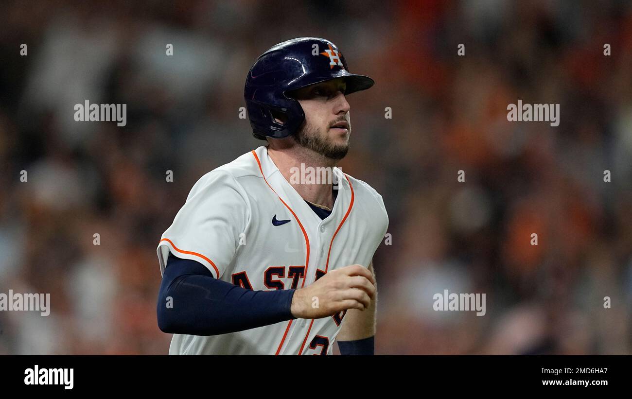 Houston Astros' Kyle Tucker runs to first during the first inning of Game 1  in baseball's World Series between the Houston Astros and the Atlanta  Braves Tuesday, Oct. 26, 2021, in Houston. (