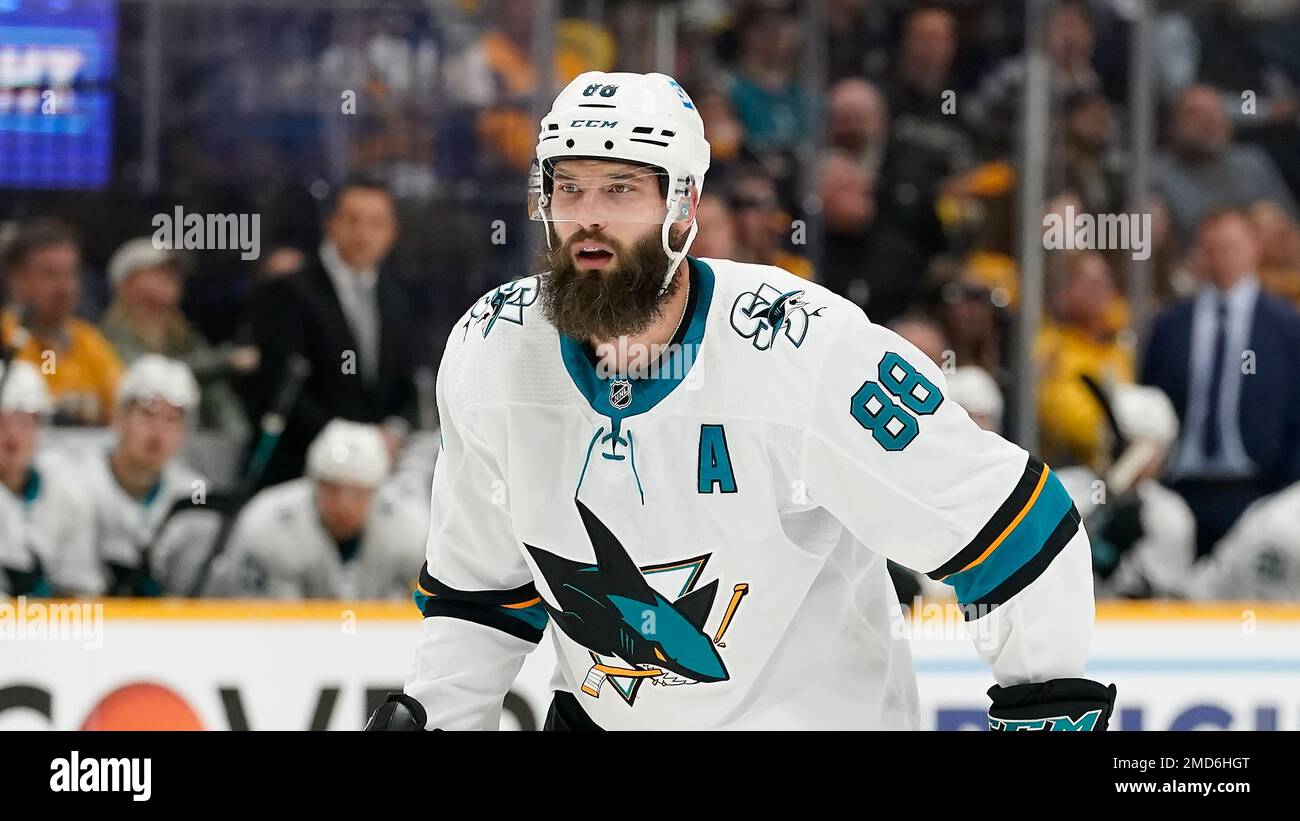 FILE - San Jose Sharks' Brent Burns plays against the Nashville Predators  in the second period of an NHL hockey game, Tuesday, April 12, 2022, in  Nashville, Tenn. Defenseman Burns has been