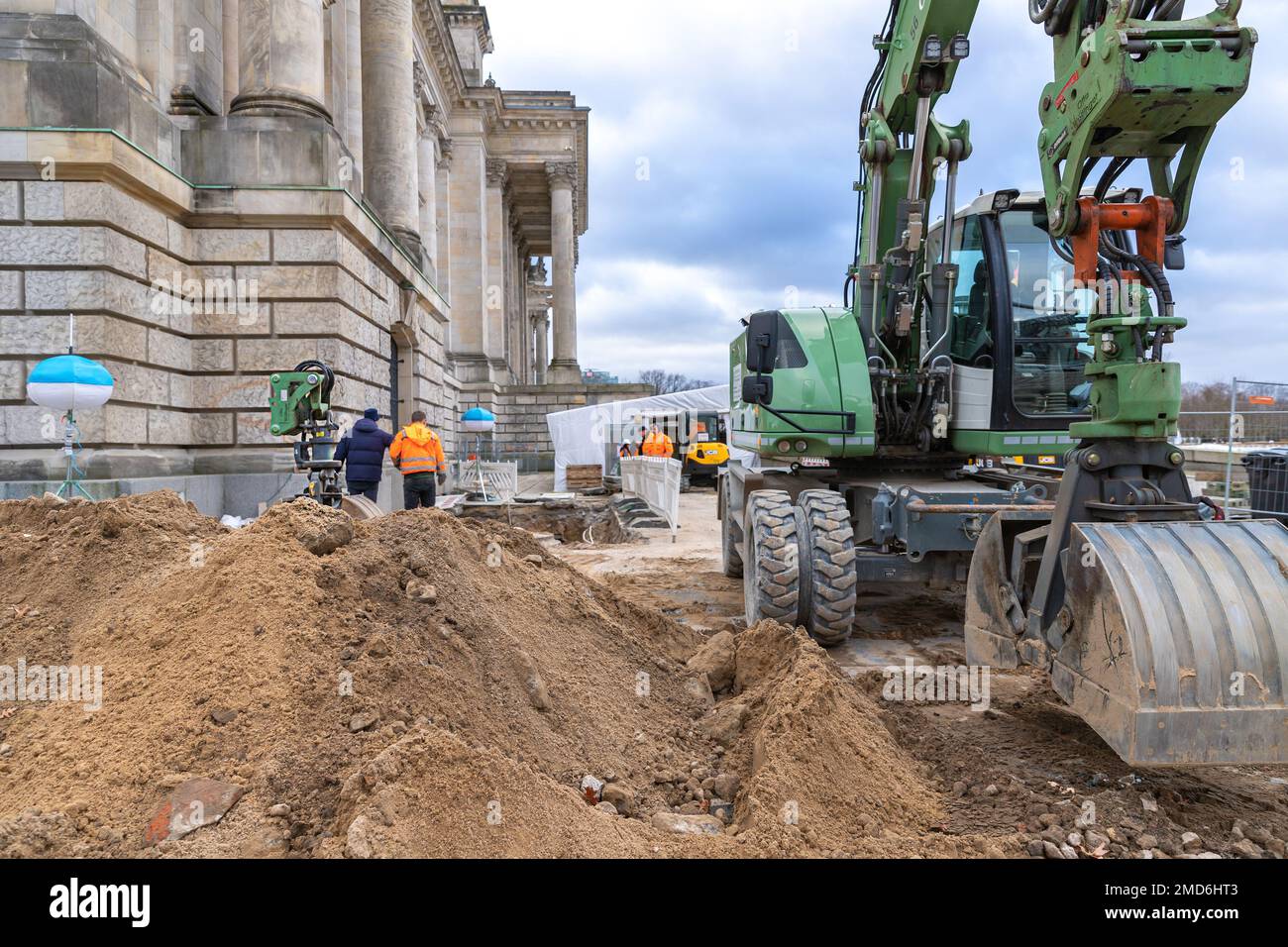 The renovation works in front of the Bundestag building. The German federal parliament. Сonstruction equipment in Berlin. Stock Photo