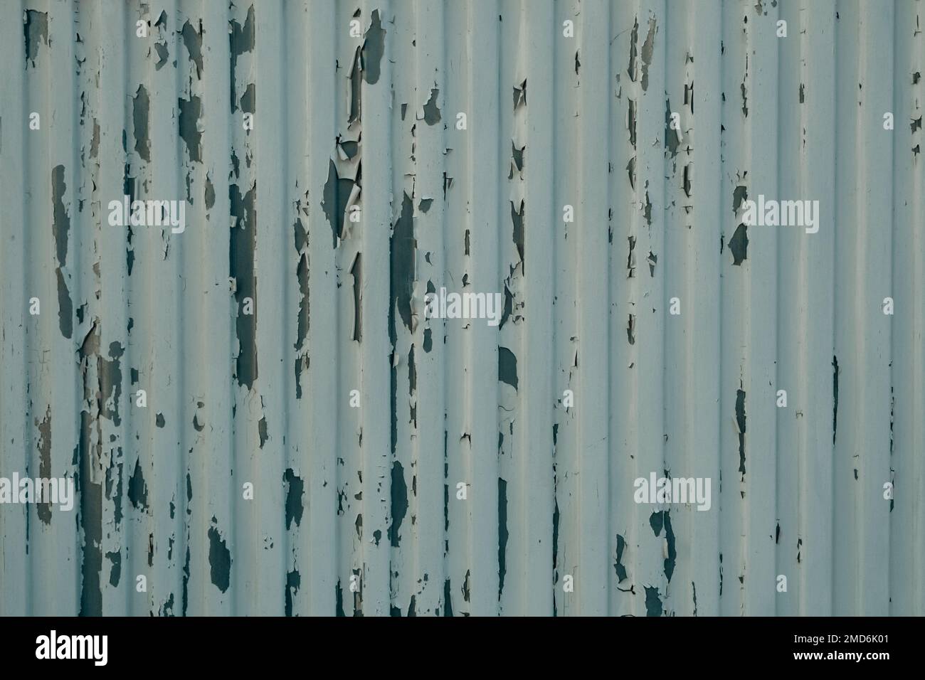 Old peeling white paint in messy pattern on corrugated metal wall surface Stock Photo