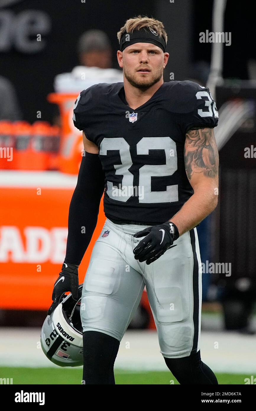 Las Vegas Raiders defensive back Dallin Leavitt (32) during the second half  of an NFL football game against the Philadelphia Eagles, Sunday, Oct. 24,  2021, in Las Vegas. (AP Photo/Rick Scuteri Stock